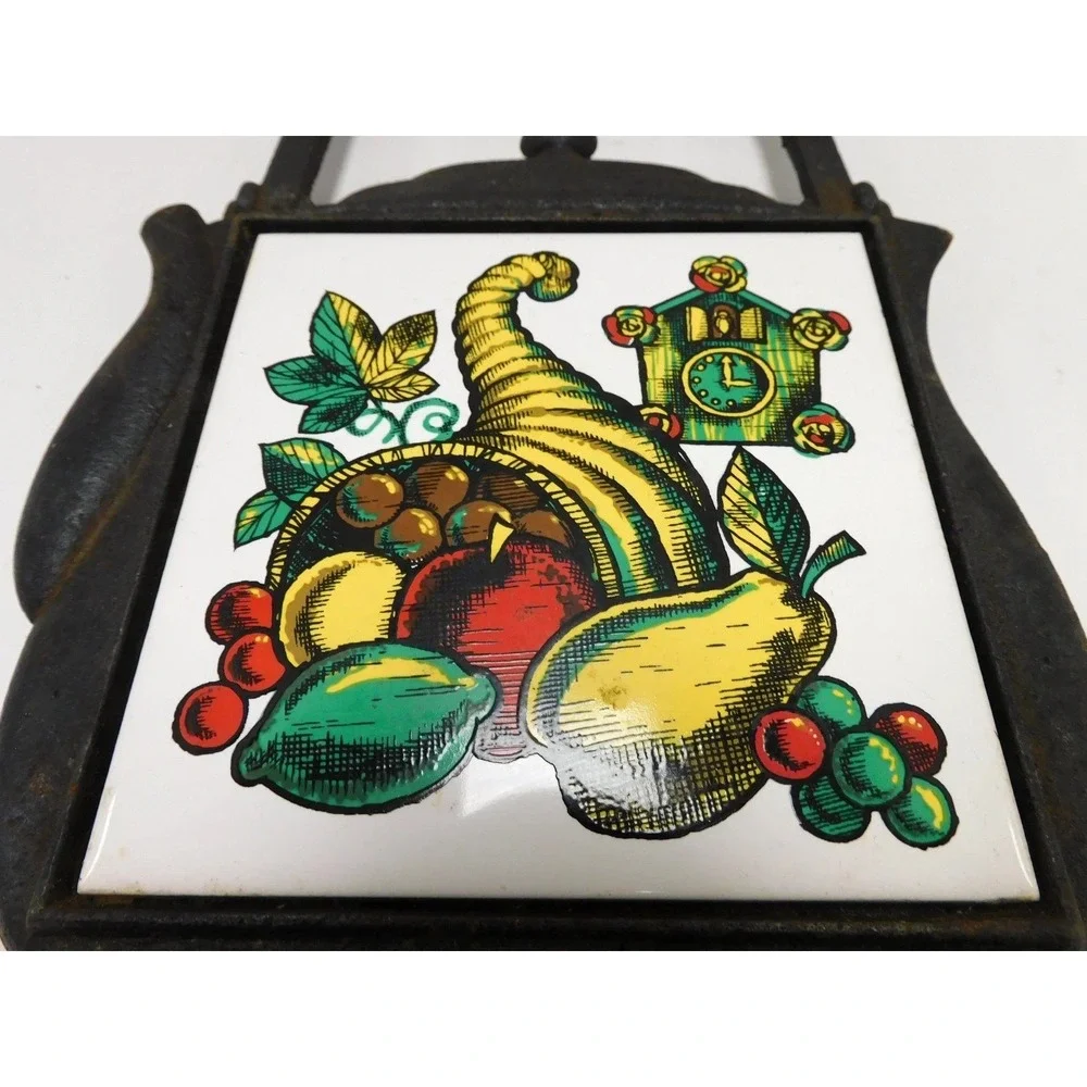 Vtg Decorama Cast Iron Teapot Trivets Set of 2 Ceramic Tile Fruit Harvest DW71